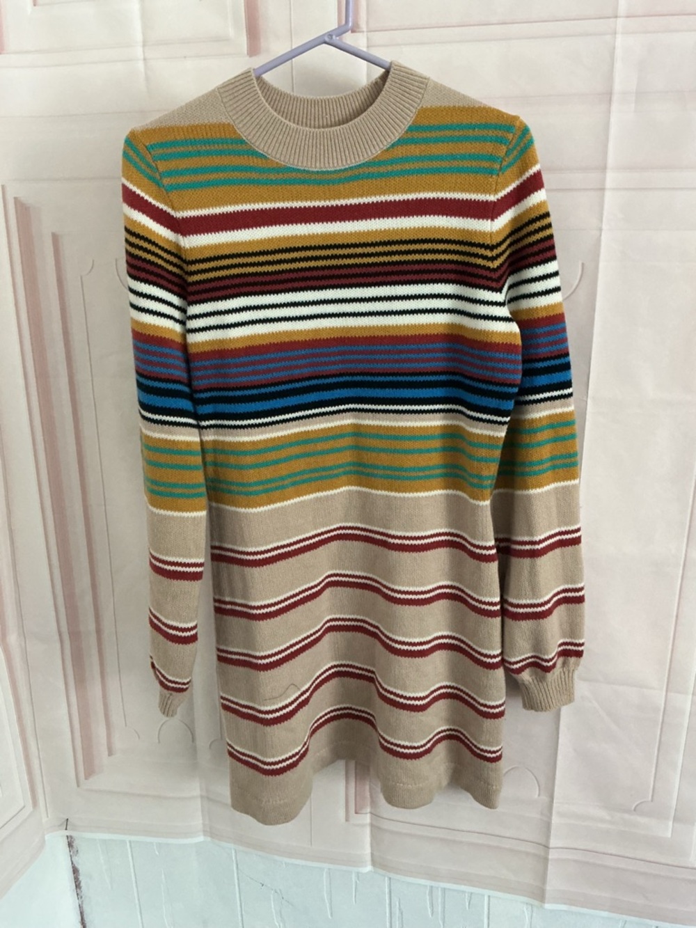 Free People Knit Beige Multicolor Striped Long Sleeve Dress